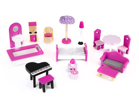 DREWNIANY DOMEK DLA LALEK MEBELKI OŚWIETLENIE LED ECOTOYS