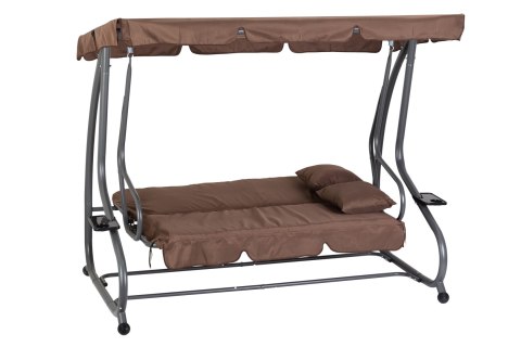 HUŚTAWKA OGRODOWA ROZKŁADANA 3-OSOBOWA 2W1 PODUSZKI BRĄZOWA MULTIGARDEN