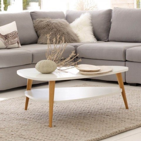 NOWOCZESNY STOLIK KAWOWY PÓŁKA DREWNIANE NOGI BIAŁY MODERNHOME