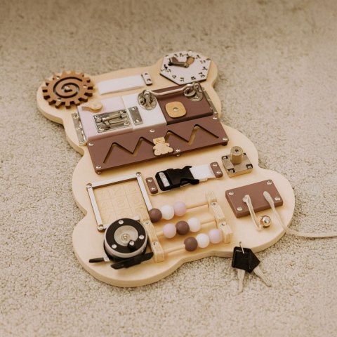 DREWNIANA TABLICA MANIPULACYJNA SENSORYCZNA DLA DZIECI PANEL EDUKACYJNY MIŚ 12 ELEMENTÓW ECOTOYS