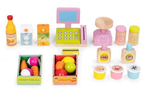 DUŻY DREWNIANY STRAGAN DLA DZIECI SKLEP Z TERMINALEM I WAGĄ OWOCE WARZYWA 20 ELEMENTÓW ECOTOYS