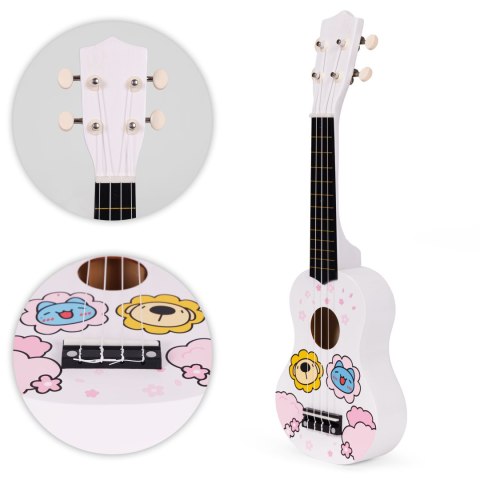 GITARA UKULELE DLA DZIECI DREWNIANA 4 STRUNY NYLONOWE KOSTKA DO GRY ECOTOYS