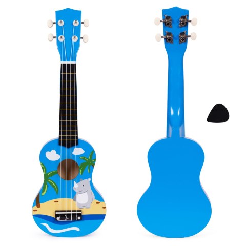 GITARA UKULELE DLA DZIECI DREWNIANA 4 STRUNY NYLONOWE KOSTKA DO GRY ECOTOYS