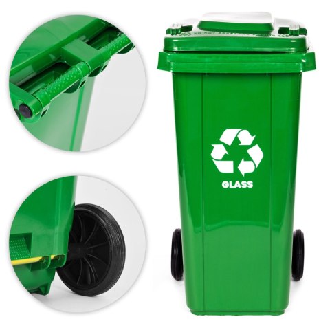 KOSZ NA SMIECI POJEMNIK 120L KUBEŁ ŚMIETNIK ZIELONY SZKŁO GUMOWE KOŁA