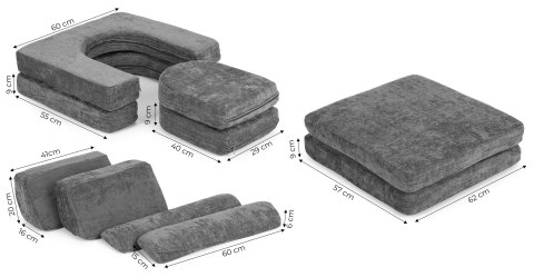 SOFA SKŁADANA MODUŁOWA DLA DZIECI DUŻA 2-OSOBOWA DIY 10 MIĘKKICH PODUCH TKANINA SZENILOWA - SZARA ECOTOYS