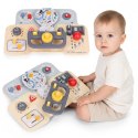 DREWNIANA TABLICA MANIPULACYJNA SENSORYCZNA DLA DZIECI PANEL EDUKACYJNY AUTO KIEROWNICA 15 ELEMENTÓW ECOTOYS