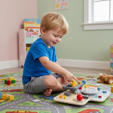 DREWNIANA TABLICA MANIPULACYJNA SENSORYCZNA DLA DZIECI PANEL EDUKACYJNY AUTO KIEROWNICA 15 ELEMENTÓW ECOTOYS