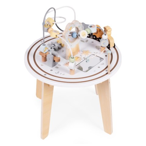 DREWNIANY STOLIK EDUKACYJNY INTERAKTYWNY DLA DZIECI 5W1 LABIRYNT MULA KOLEJKA LUSTERKO ECOTOYS