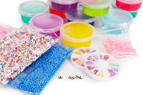 ZESTAW DO ROBIENIA SLIME GLUTKÓW DLA DZIECI DIY MASA PLASTYCZNA ROZCIĄGLIWA GNIOTEK 113 ELEMENTÓW