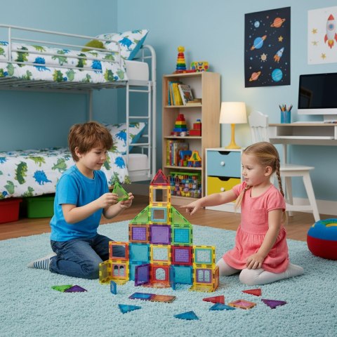 Klocki magnetyczne konstrukcyjne domek autko przyczepka 130 elementów