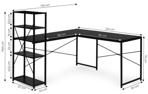 Biurko narożne z regałem 3 półki komputerowe czarne loftowe ModernHome