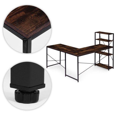 Biurko narożne z regałem 3 półki komputerowe postarzany orzech loftowe ModernHome