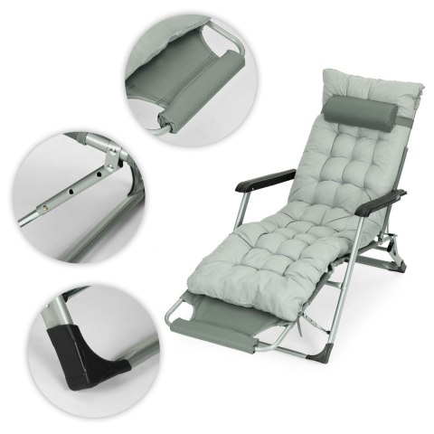Leżak ogrodowy plażowy 2w1 z poduszką zagłówkiem regulacja podnóżka szary MultiGarden