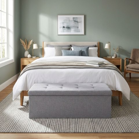 Pufa pikowana 111x38 cm ze schowkiem tapicerowana ława skrzynia jasnoszara ModernHome