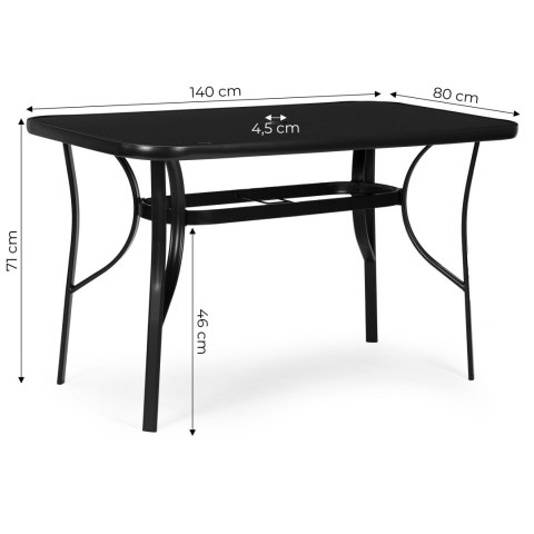 Stół ogrodowy 140x80 cm szkło hartowane otwór na parasol czarny MultiGarden