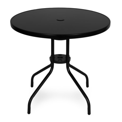 Stolik ogrodowy okrągły 80 cm szkło hartowane otwór na parasol czarny MultiGarden