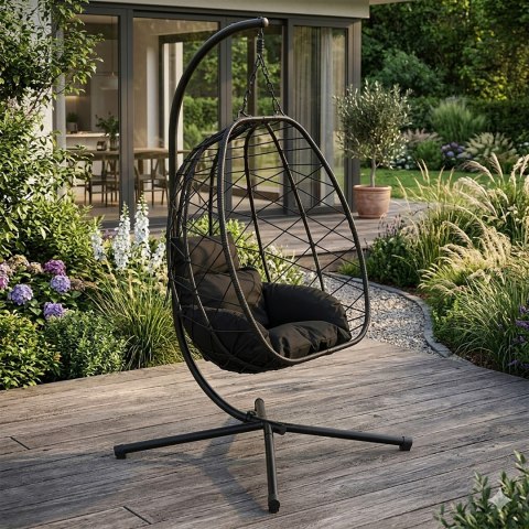 Fotel kokon wiszący wolnostojący bujany ogrodowy do 120 kg poduszki czarny MultiGarden