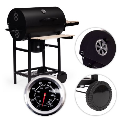 Grill węglowy ogrodowy z pokrywą termometr popielnik drewniane półki MultiGarden