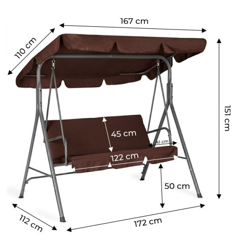 Huśtawka ogrodowa 3-osobowa bujana wolnostojąca stalowa brązowa MultiGarden