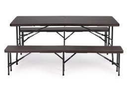 ZESTAW CATERINGOWY STÓŁ BANKIETOWY 180 CM 2 ŁAWKI RATAN BRĄZ MODERNHOME