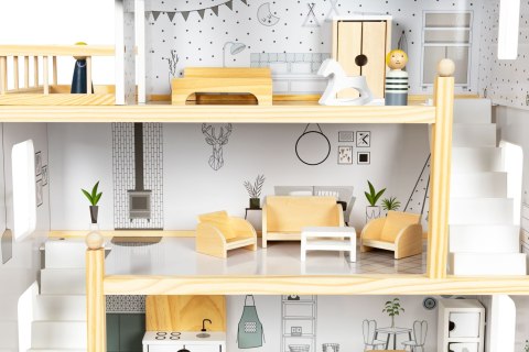 DOMEK DLA LALEK Z KOMPLETEM 18 DREWNIANYCH MEBELKÓW ECOTOYS