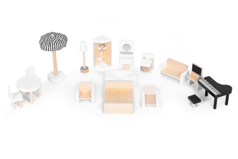 DREWNIANY DOMEK DLA LALEK 3 PIĘTRA TARAS Z KOMPLETEM 15 MEBELKÓW ECOTOYS