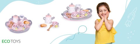 DREWNIANY ZESTAW DO HERBATY FILIŻANKI CZAJNIK 15 ELEMENTÓW ECOTOYS