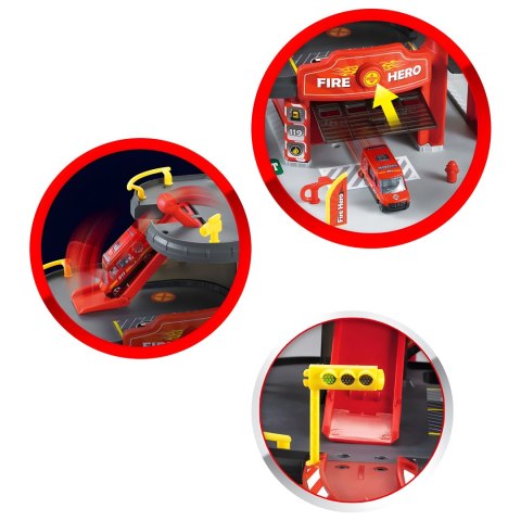 GARAŻ SAMOCHODOWY STRAŻ POŻARNA 3 POZIOMY Z WINDĄ AUTKA + HELIKOPTER 74 ELEMENTY