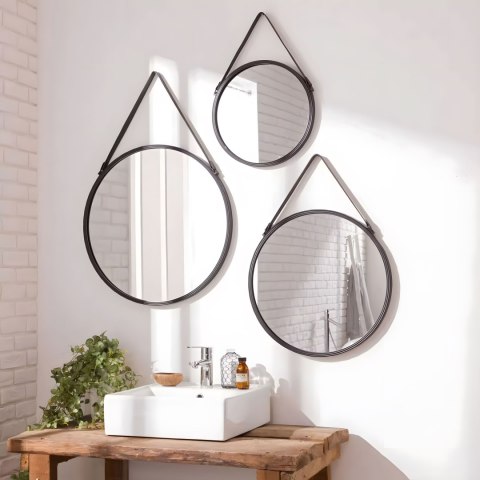 OKRĄGŁE LUSTRO ŚCIENNE 60 CM WISZĄCE NA PASKU NOWOCZESNE CZARNA RAMA MODERNHOME