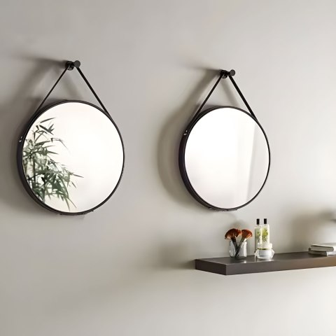 OKRĄGŁE LUSTRO ŚCIENNE 80 CM WISZĄCE NA PASKU NOWOCZESNE CZARNA RAMA MODERNHOME