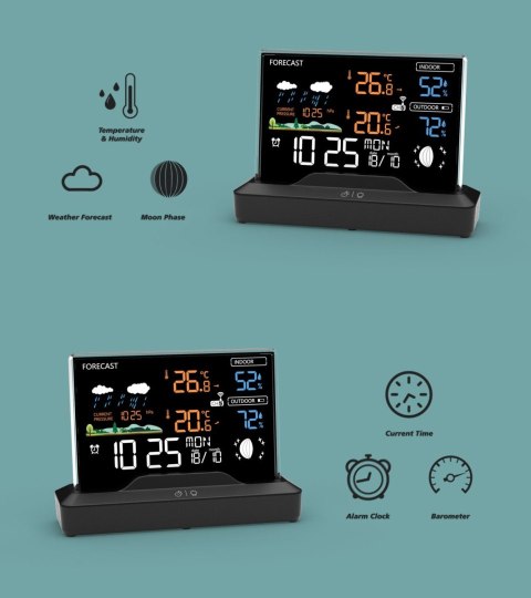 STACJA POGODOWA PODŚWIETLANA WYŚWIETLACZ LCD BEZPRZEWODOWA Z CZUJNIKIEM ZEWNĘTRZNYM TERMOMETR BAROMETR ZEGAR